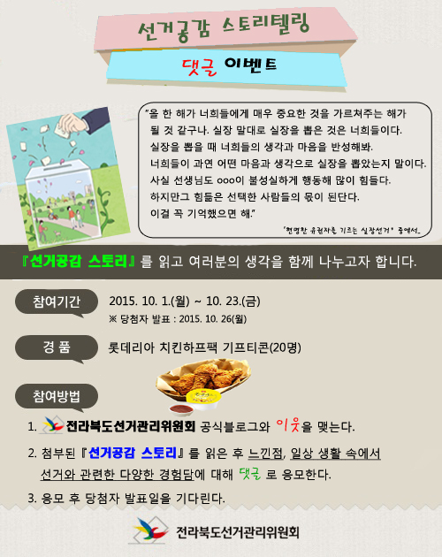 선거공감 스토리텔링 댓글 이벤트   참여기간 : 2015.10.1.(월) ~ 10.23.(금)  경품 : 롯데리아 치킨하프팩 기프트콘(20명)  참여방법 1. 전라북도선거관리위원회 공식블로그와 이웃을 맺는다.  2. 첩부된 선거공감 스토리를 읽은 후 느낀점, 일상 생활 속에서 선거와 관련한 다양한 경험담에 대해 댓글로 응모한다.  3. 응모 후 당첨자 발표일을 기다린다.